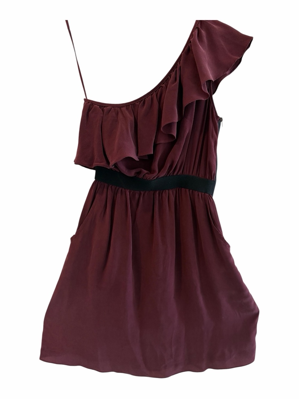 Gianni Bini One-Shoulder Ruffle Dress in Burgundy with Black Waist